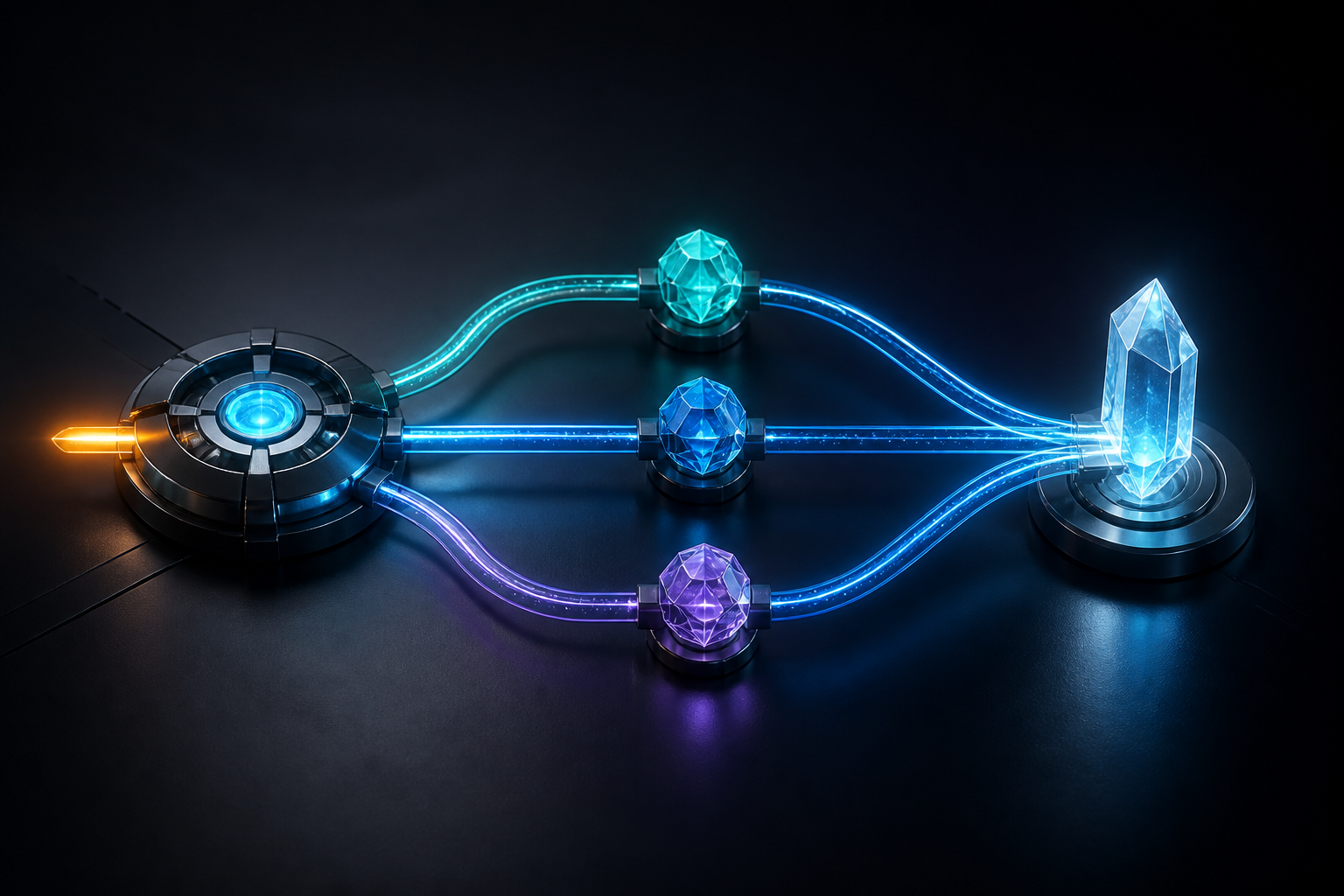Three coordinated agent nodes route through a central operator hub toward a verification crystal.
