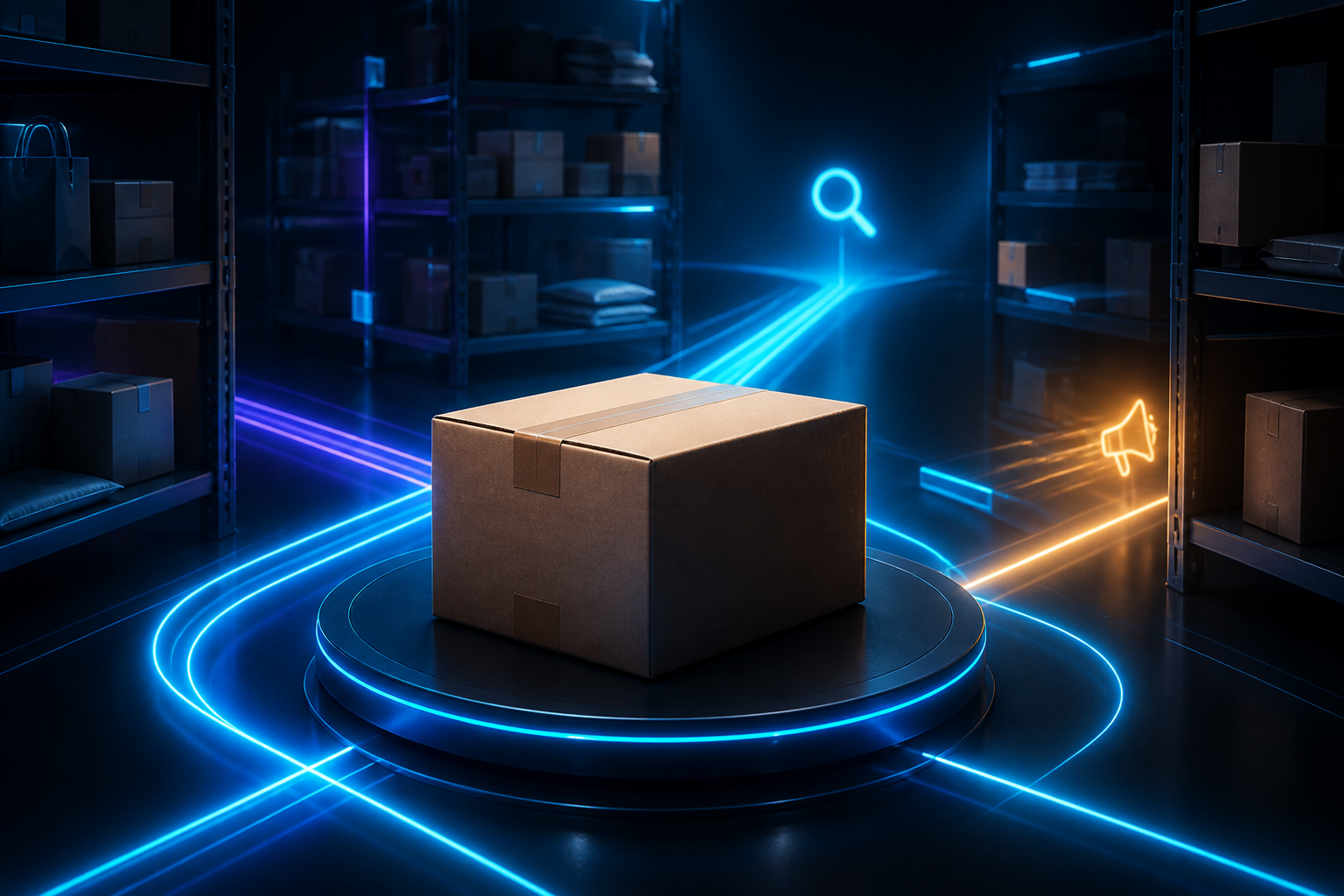 An unbranded commerce parcel coordinated across an ordered marketplace system.