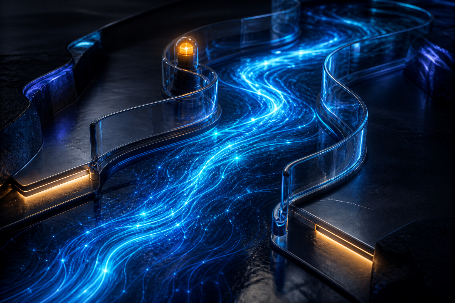A luminous AI energy stream contained by clear operational guardrails.