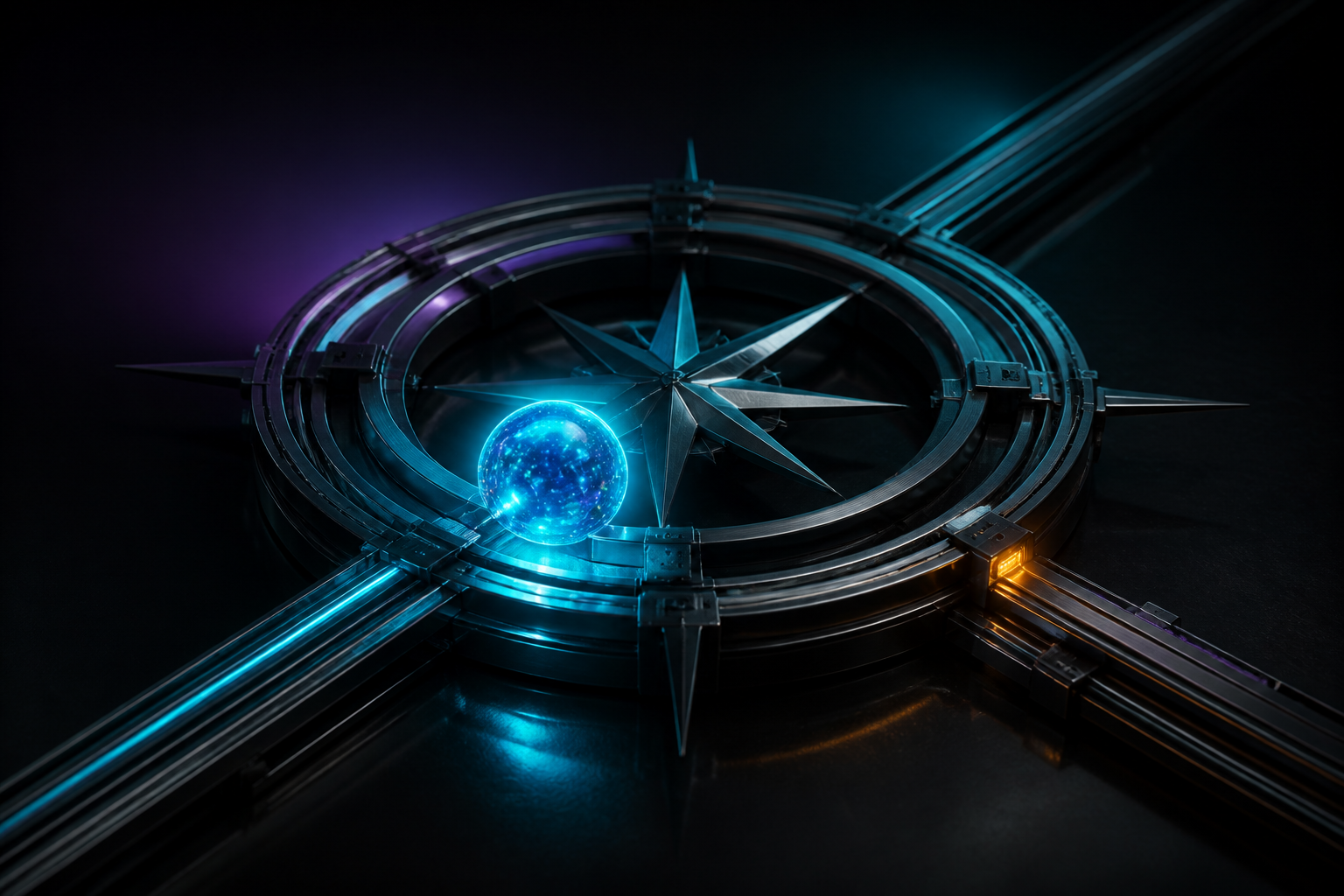 An AI sphere guided by a precise compass and operating rails.