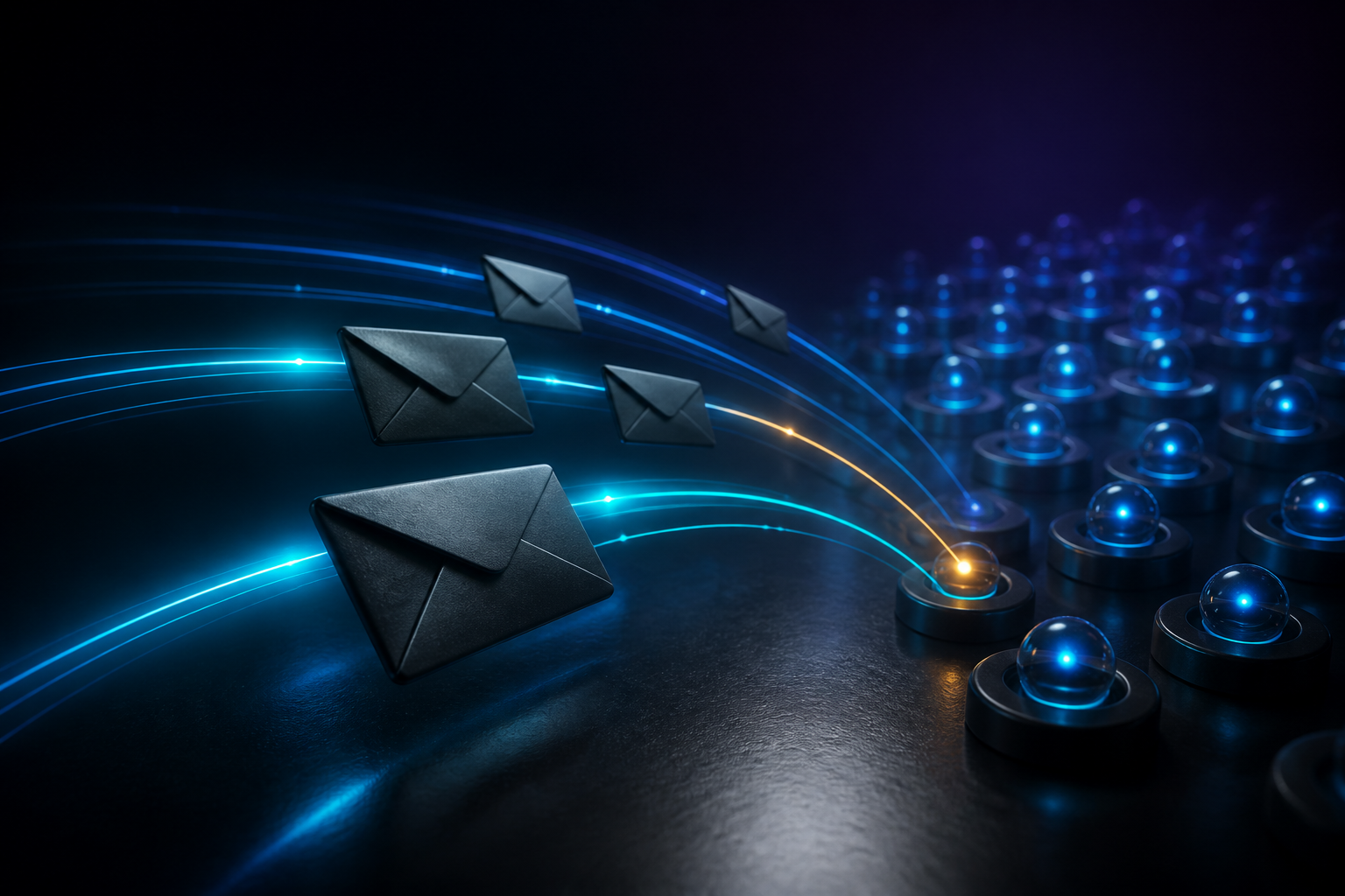 A coordinated email formation moving toward connected audience nodes.