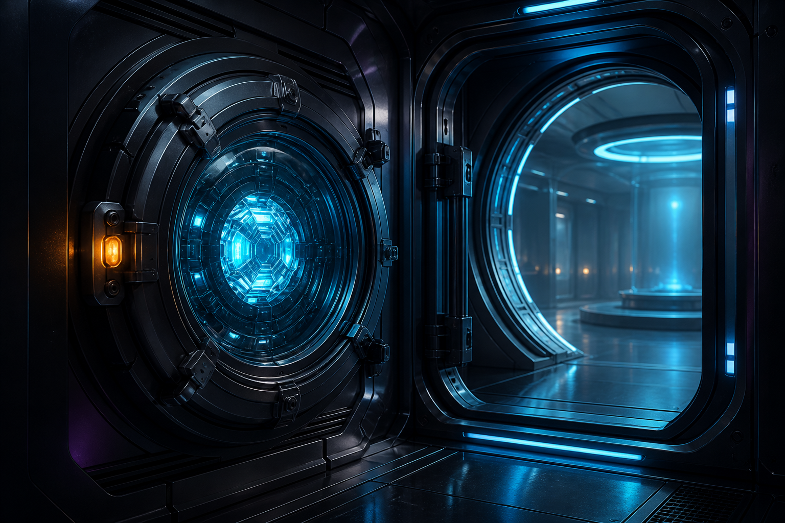 A glowing AI core passing through a sealed production environment airlock.