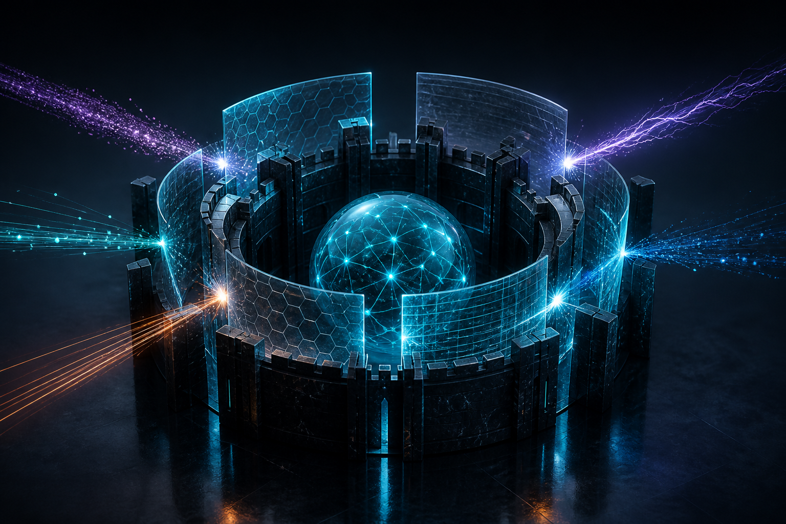 A protected neural orb inside layered defenses that intercept incoming threats.